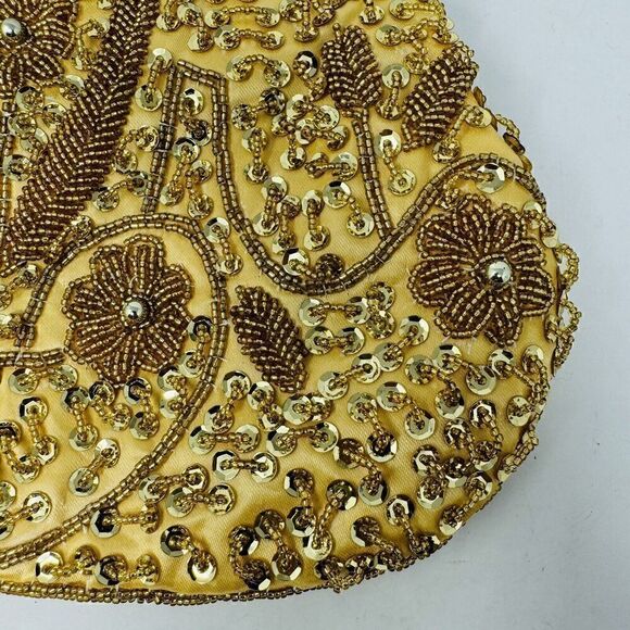 Beaded Sequin Gold Kiss Lock Satin‎ Interior, Chain Strap Evening Bag Handbag - Picture 5 of 8